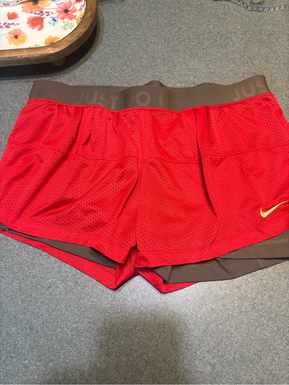 Nike Red Layered Athletic Shorts with Brown Waistband